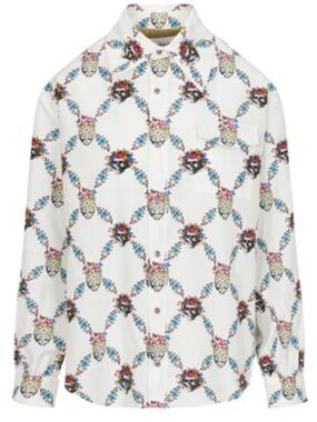 GD licensed Megan Fab White Button-Up Shirt with Colorful Floral Skull Pattern